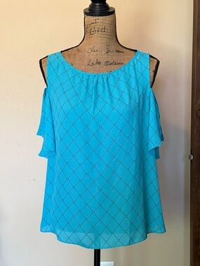 Worthington Turquoise Cold-Shoulder Blouse with Lattice Print